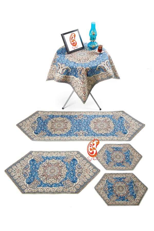 ست رومیزی پنج تکه طرح ترنج آبی co345