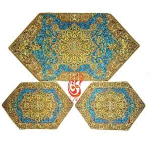 رومیزی ترمه سه تکه طرح ثمین رنگ آبی درباری