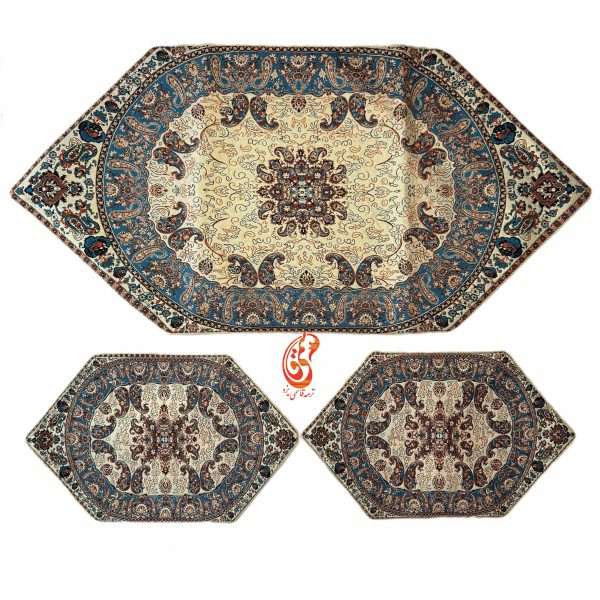 رومیزی ترمه سه تکه طرح شاهسوند رنگ لمه آبی درباری
