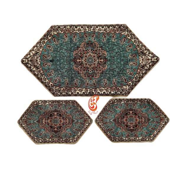 رومیزی ترمه نسترن رنگ سبزآبی (3تکه)